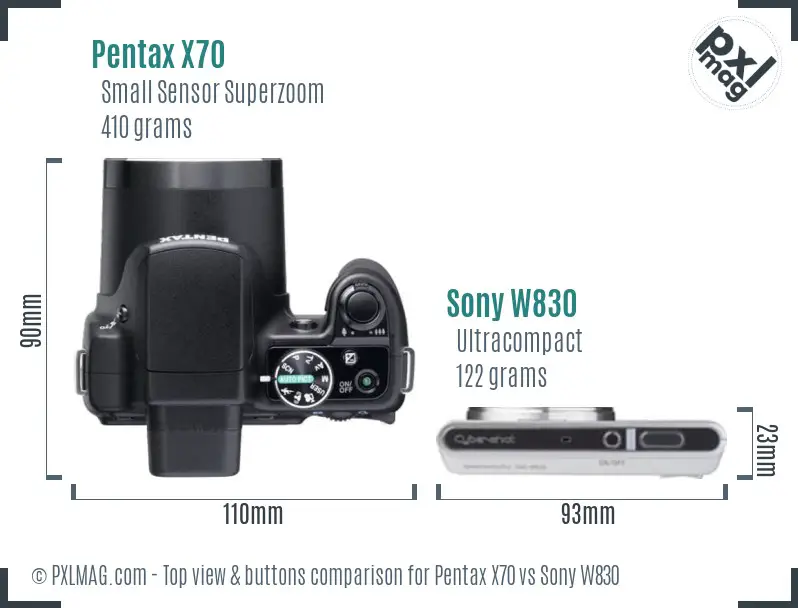 Pentax X70 vs Sony W830 top view buttons comparison Pentax X70 vs Sony W830 top view buttons comparison
