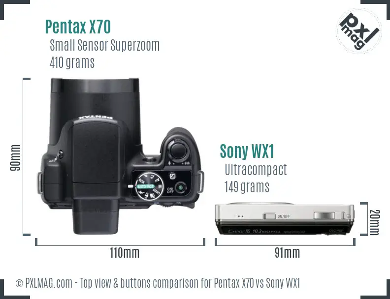 Pentax X70 vs Sony WX1 top view buttons comparison