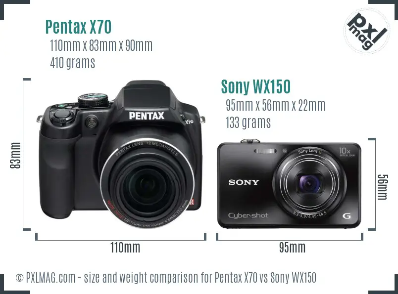 Pentax X70 vs Sony WX150 size comparison