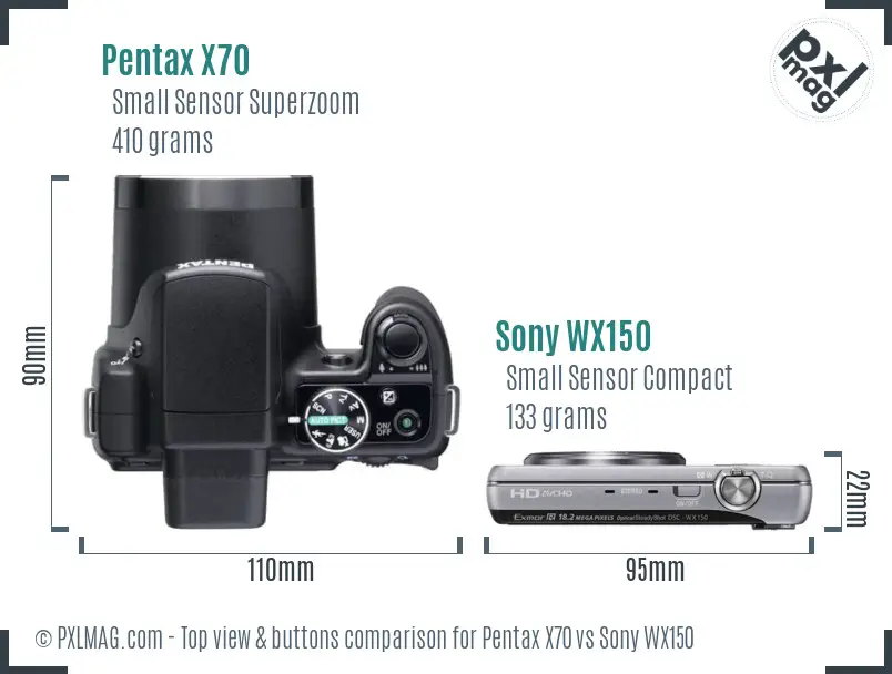 Pentax X70 vs Sony WX150 top view buttons comparison