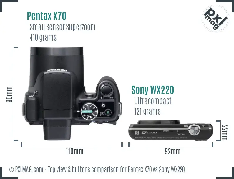 Pentax X70 vs Sony WX220 top view buttons comparison