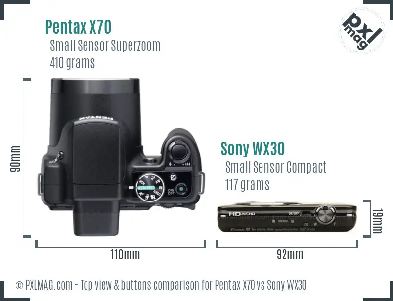 Pentax X70 vs Sony WX30 top view buttons comparison