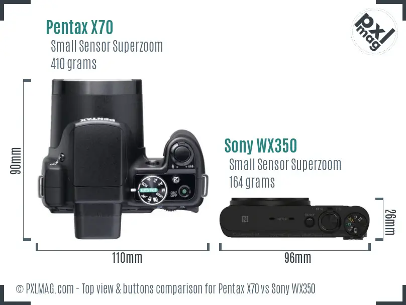 Pentax X70 vs Sony WX350 top view buttons comparison
