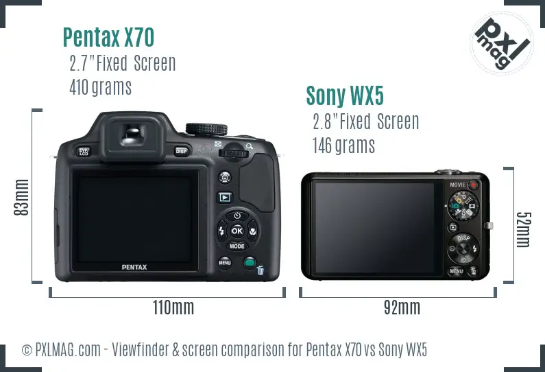 Pentax X70 vs Sony WX5 Screen and Viewfinder comparison
