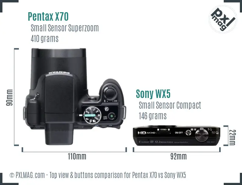 Pentax X70 vs Sony WX5 top view buttons comparison