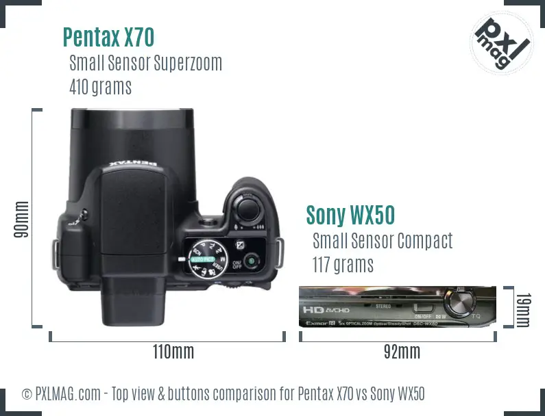 Pentax X70 vs Sony WX50 top view buttons comparison