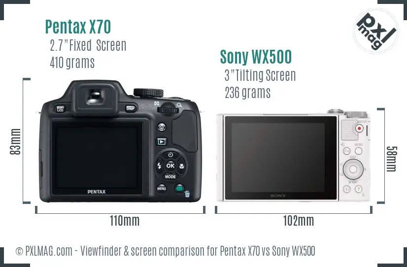 Pentax X70 vs Sony WX500 Screen and Viewfinder comparison