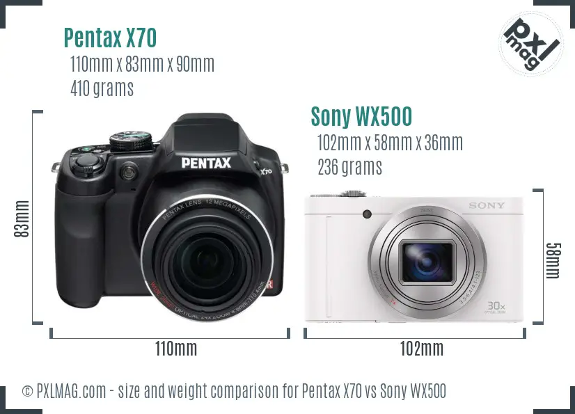 Pentax X70 vs Sony WX500 size comparison