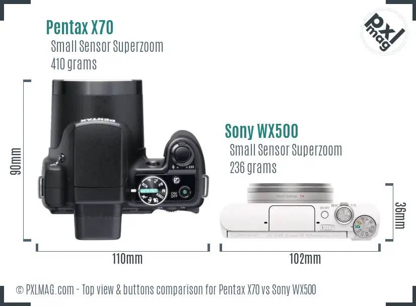 Pentax X70 vs Sony WX500 top view buttons comparison