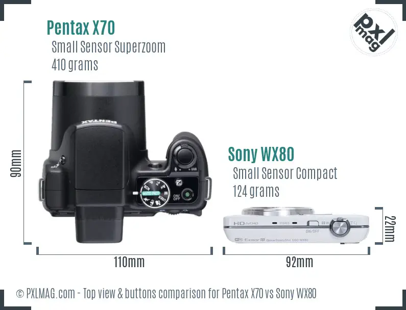 Pentax X70 vs Sony WX80 top view buttons comparison