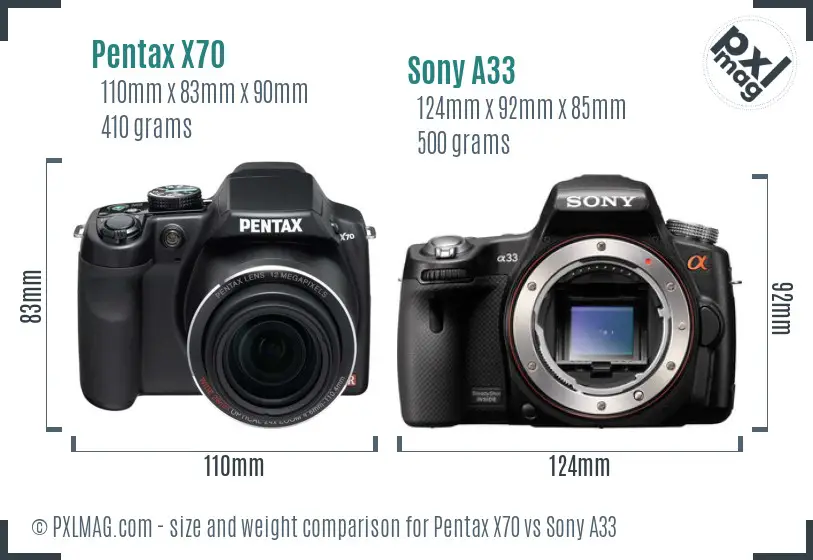 Pentax X70 vs Sony A33 size comparison