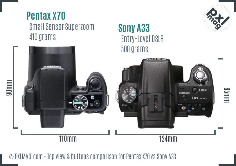 Pentax X70 vs Sony A33 top view buttons comparison