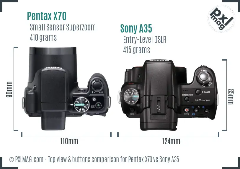 Pentax X70 vs Sony A35 top view buttons comparison
