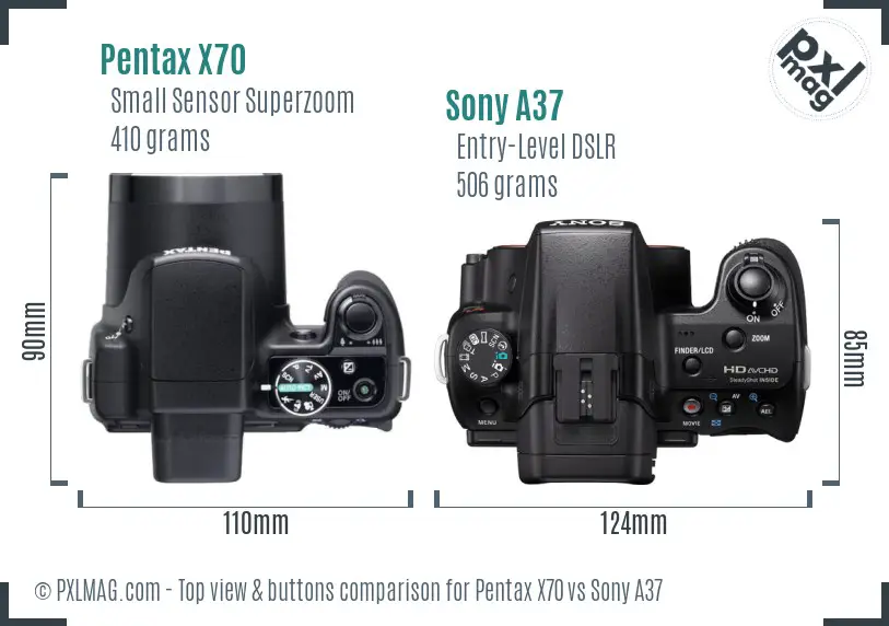 Pentax X70 vs Sony A37 top view buttons comparison
