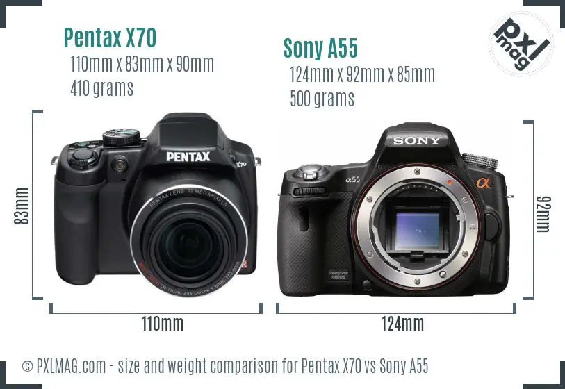 Pentax X70 vs Sony A55 size comparison