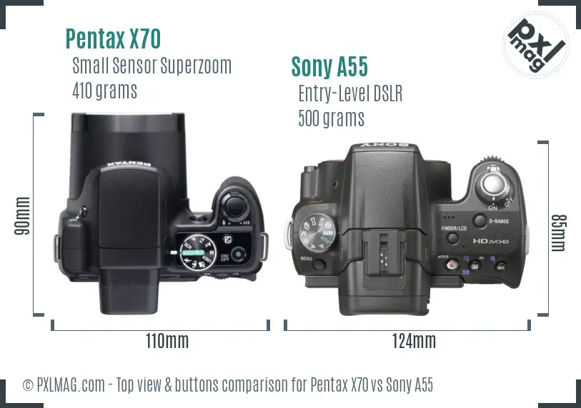 Pentax X70 vs Sony A55 top view buttons comparison