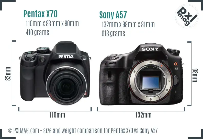 Pentax X70 vs Sony A57 size comparison