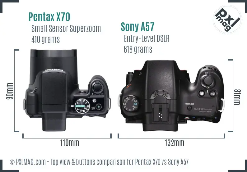 Pentax X70 vs Sony A57 top view buttons comparison
