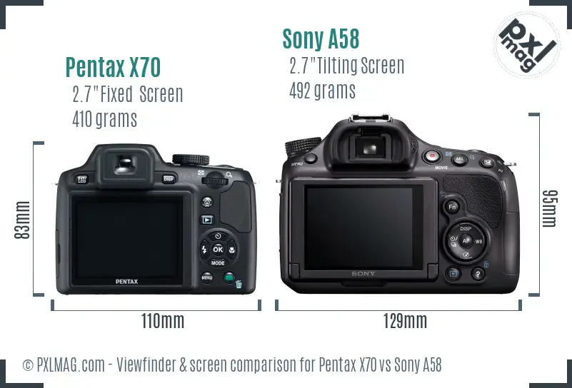 Pentax X70 vs Sony A58 Screen and Viewfinder comparison