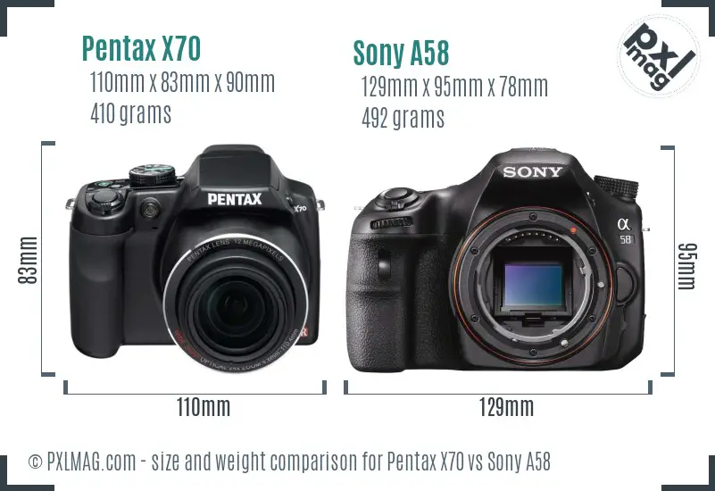 Pentax X70 vs Sony A58 size comparison