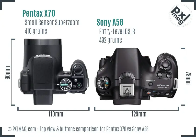 Pentax X70 vs Sony A58 top view buttons comparison