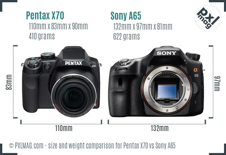 Pentax X70 vs Sony A65 size comparison