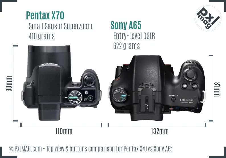 Pentax X70 vs Sony A65 top view buttons comparison
