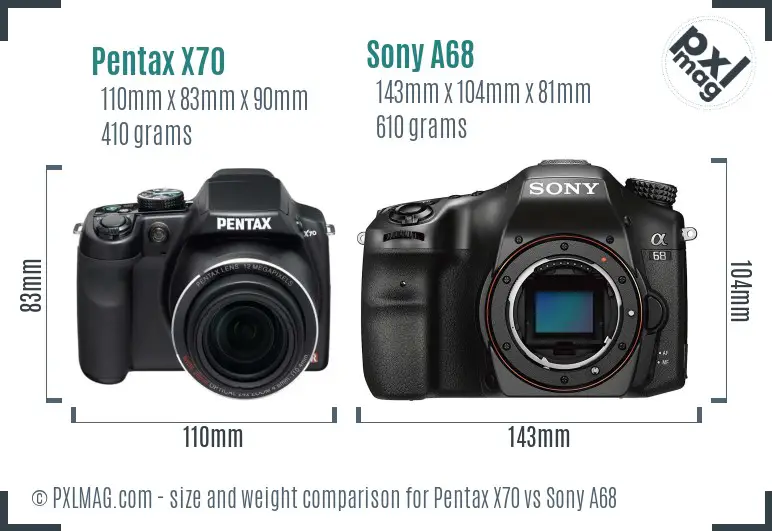 Pentax X70 vs Sony A68 size comparison