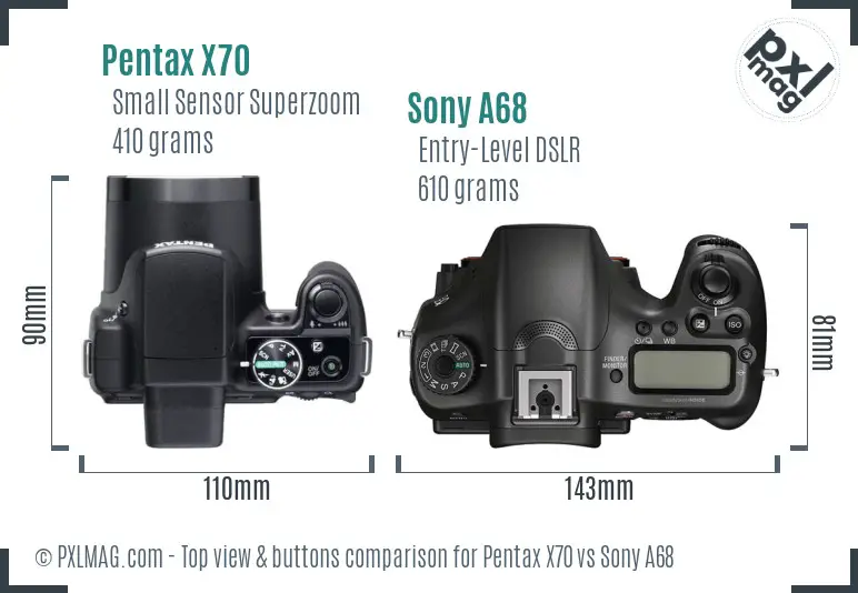 Pentax X70 vs Sony A68 top view buttons comparison