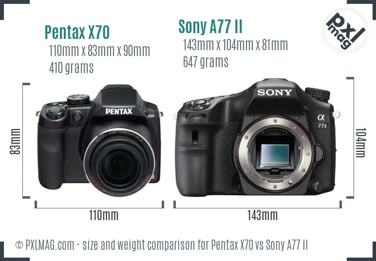 Pentax X70 vs Sony A77 II size comparison