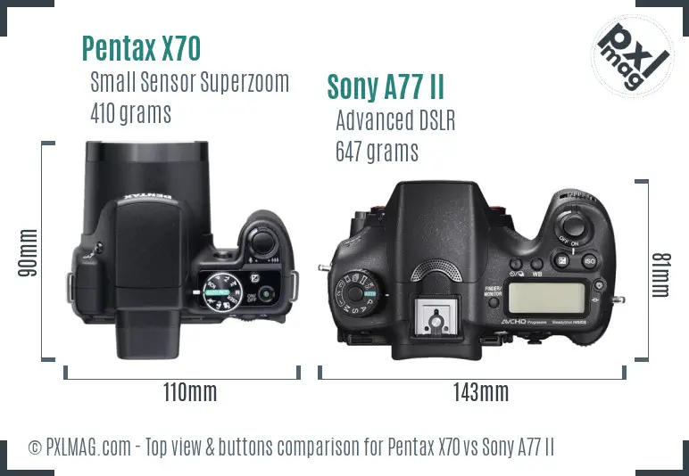 Pentax X70 vs Sony A77 II top view buttons comparison