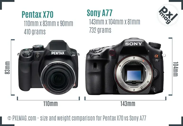 Pentax X70 vs Sony A77 size comparison