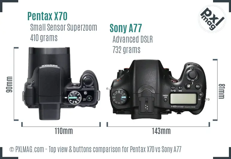 Pentax X70 vs Sony A77 top view buttons comparison