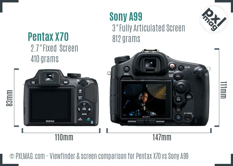 Pentax X70 vs Sony A99 Screen and Viewfinder comparison