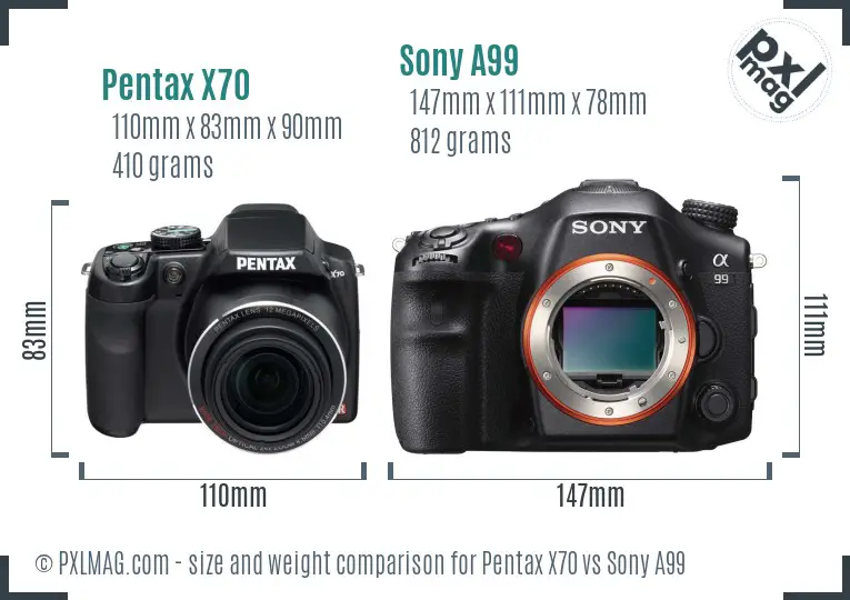 Pentax X70 vs Sony A99 size comparison