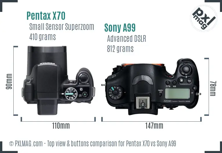 Pentax X70 vs Sony A99 top view buttons comparison