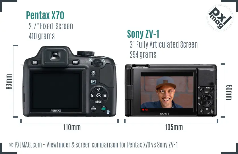 Pentax X70 vs Sony ZV-1 Screen and Viewfinder comparison