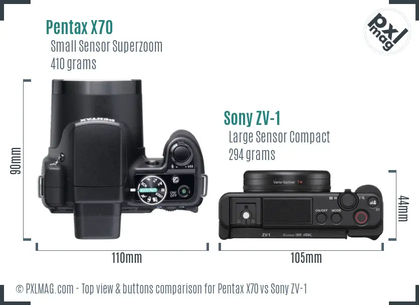 Pentax X70 vs Sony ZV-1 top view buttons comparison