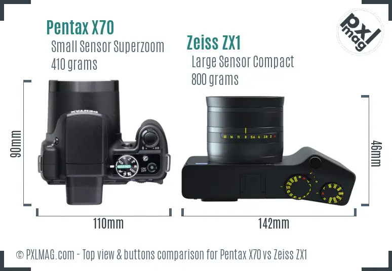 Pentax X70 vs Zeiss ZX1 top view buttons comparison