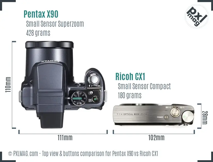 Pentax X90 vs Ricoh CX1 top view buttons comparison