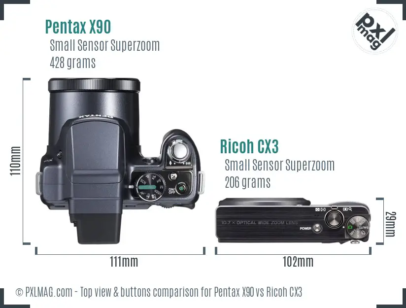 Pentax X90 vs Ricoh CX3 top view buttons comparison