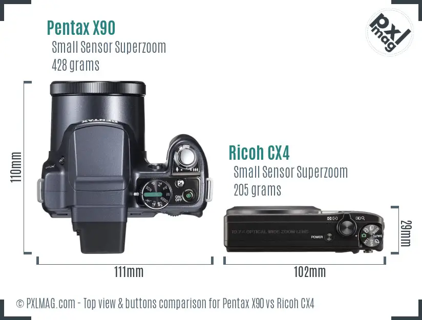 Pentax X90 vs Ricoh CX4 top view buttons comparison