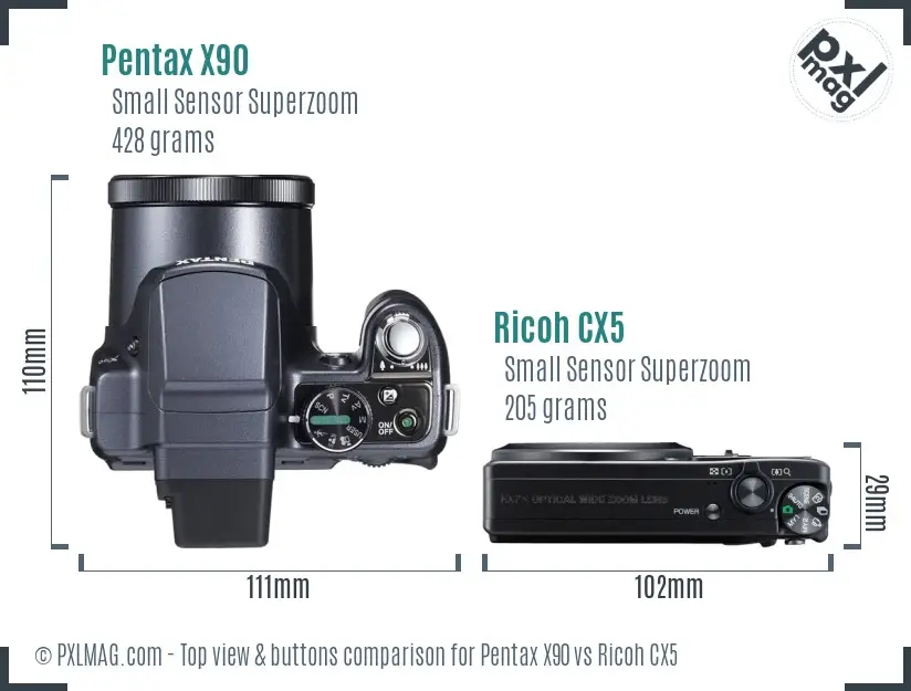 Pentax X90 vs Ricoh CX5 top view buttons comparison
