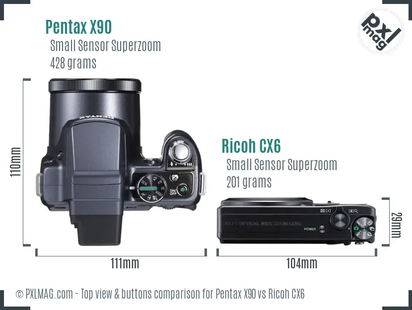 Pentax X90 vs Ricoh CX6 top view buttons comparison