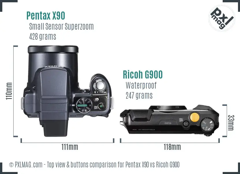 Pentax X90 vs Ricoh G900 top view buttons comparison