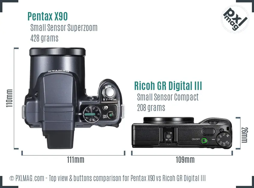Pentax X90 vs Ricoh GR Digital III top view buttons comparison