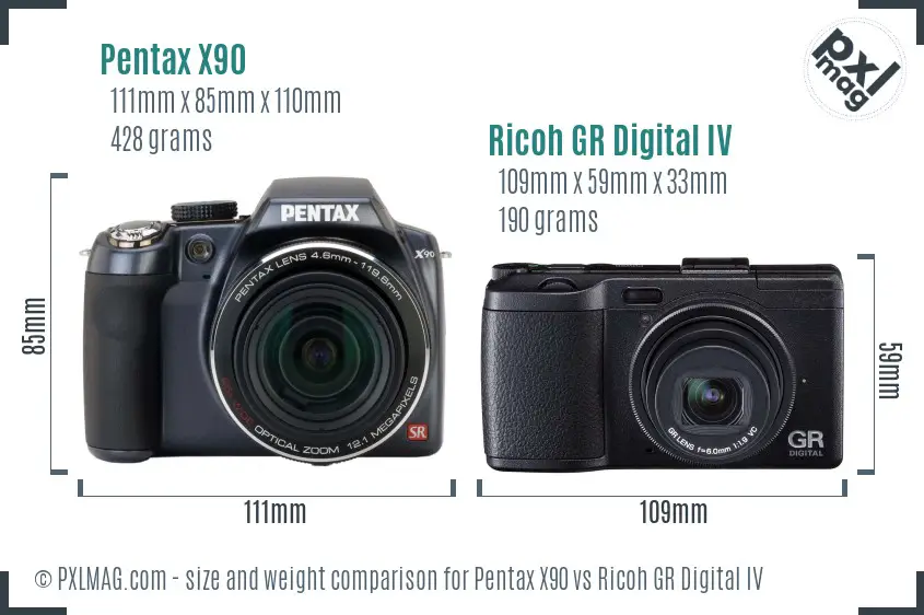 Pentax X90 vs Ricoh GR Digital IV size comparison