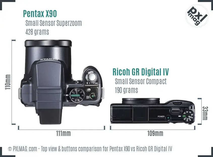 Pentax X90 vs Ricoh GR Digital IV top view buttons comparison