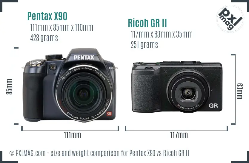Pentax X90 vs Ricoh GR II size comparison