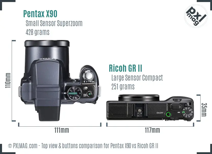 Pentax X90 vs Ricoh GR II top view buttons comparison